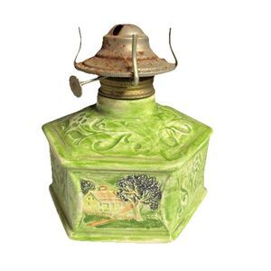 Vintage Green Ceramic Oil Lamp Miniature Hexagon Farmhouse Scene